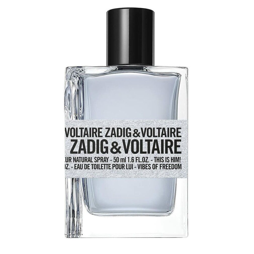 Flacone rettangolare con tappo nero. Etichetta con testo: Zadig & Voltaire, This is Him! Vibes of Freedom.