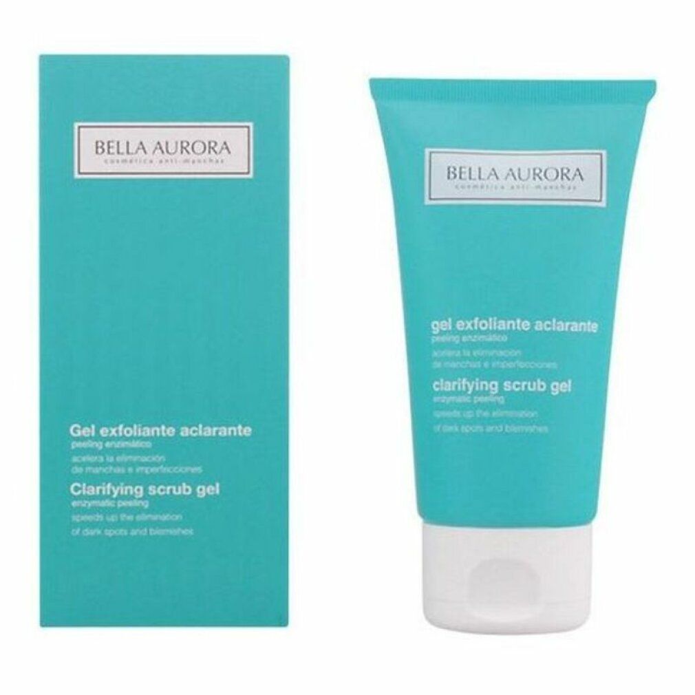 Tubo e scatola turchesi con testo e nome del prodotto. "Gel esfoliante aclarante".