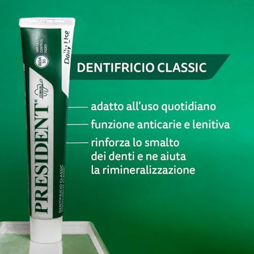 Tubo di dentifricio verde e bianco. Marchio PRESIDENT, DENTIFRICIO CLASSIC. RDA 50. Adatto all'uso quotidiano, anticari, rinforza lo smalto.