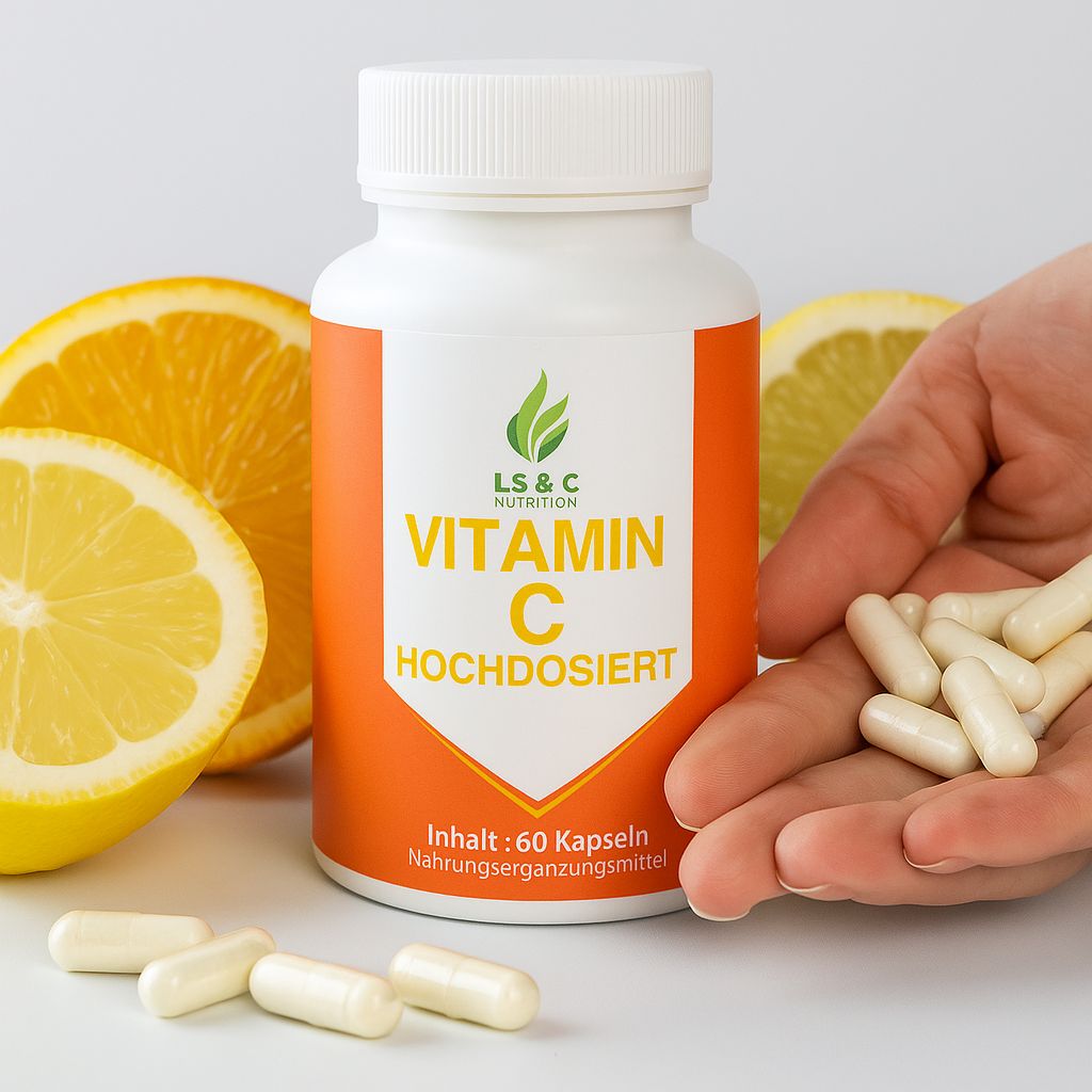 Flacone bianco di capsule di vitamina C, circondato da fette di limone e arancia. Mano con capsule.