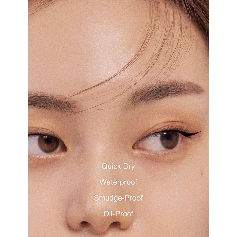 Primo piano di occhi con tratto di eyeliner nero. Testo: Quick Dry, Waterproof, Smudge-Proof, Oil-Proof.