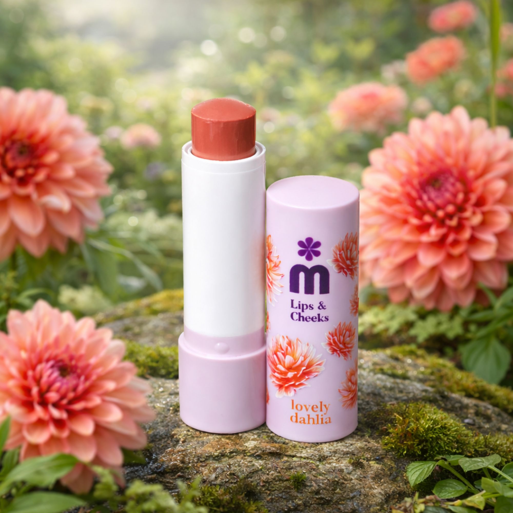 Balsamo per labbra e guance con coperchio aperto. Stick bianco con balsamo rosa. Fiori e natura sullo sfondo.