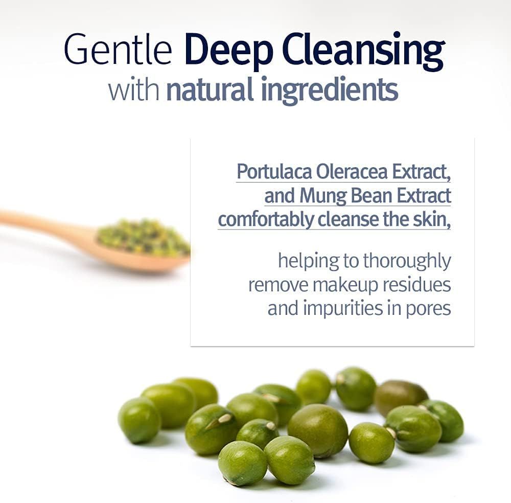 Testo con fagioli verdi e cucchiaio di legno. Testo: Portulaca Oleracea Extract, Mung Bean Extract.