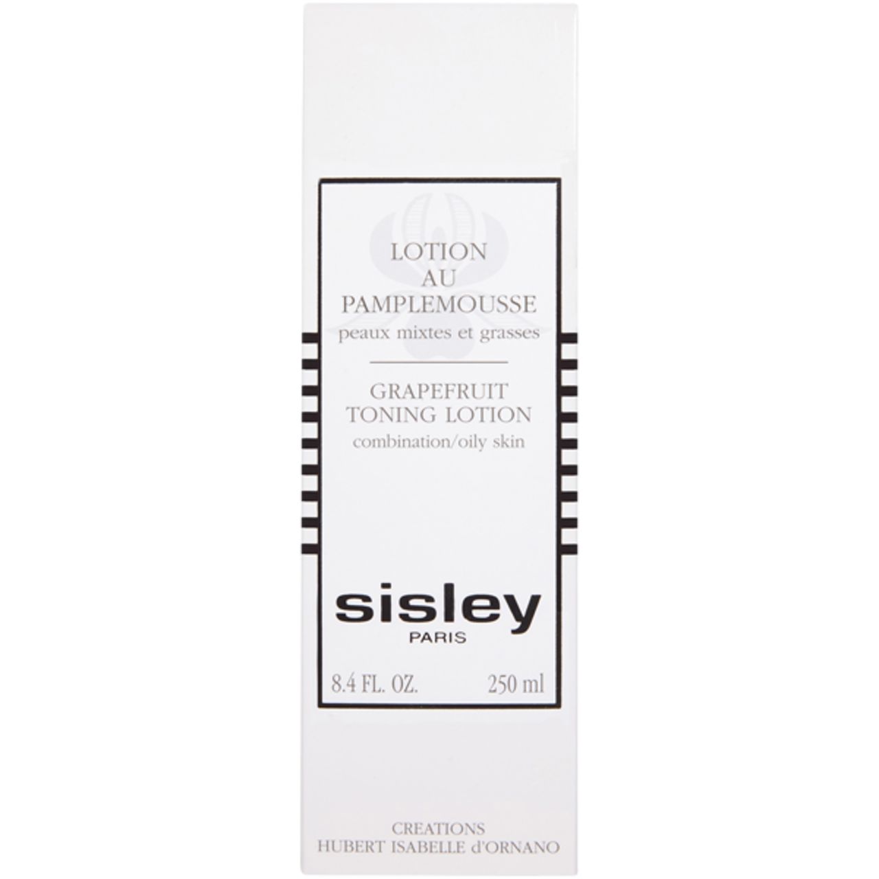 Confezione bianca con testo nero. Scritta: Lotion au Pamplemousse, Sisley Paris. 250 ml.