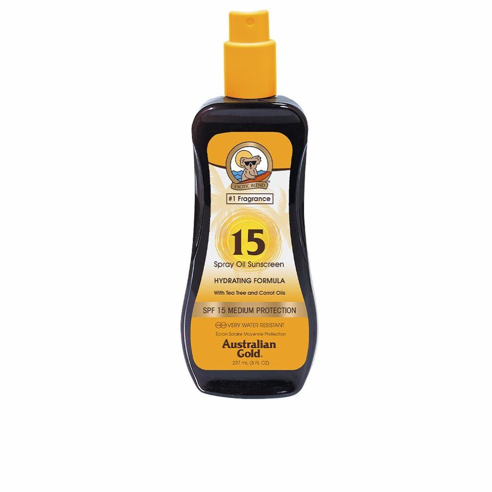 Flacone nero con erogatore giallo. Scritta: Australian Gold, Hydrating Spray Oil, SPF 15. Contiene olio di tea tree e carota. 237 ml.