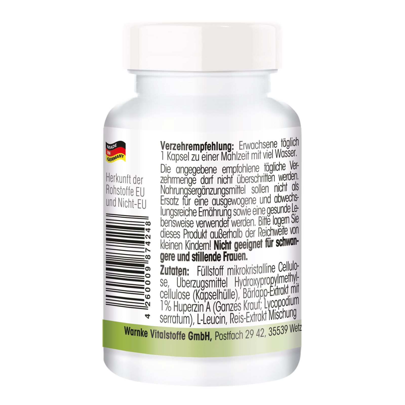 Retro del flacone bianco. Testo: Raccomandazioni, ingredienti, Warnke Vitalstoffe GmbH. Prodotto in UE e non UE.