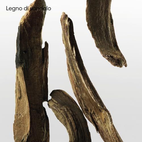 Quattro pezzi di legno marrone allungati, probabilmente legno di sandalo, su sfondo chiaro. Testo: Legno di sandalo.