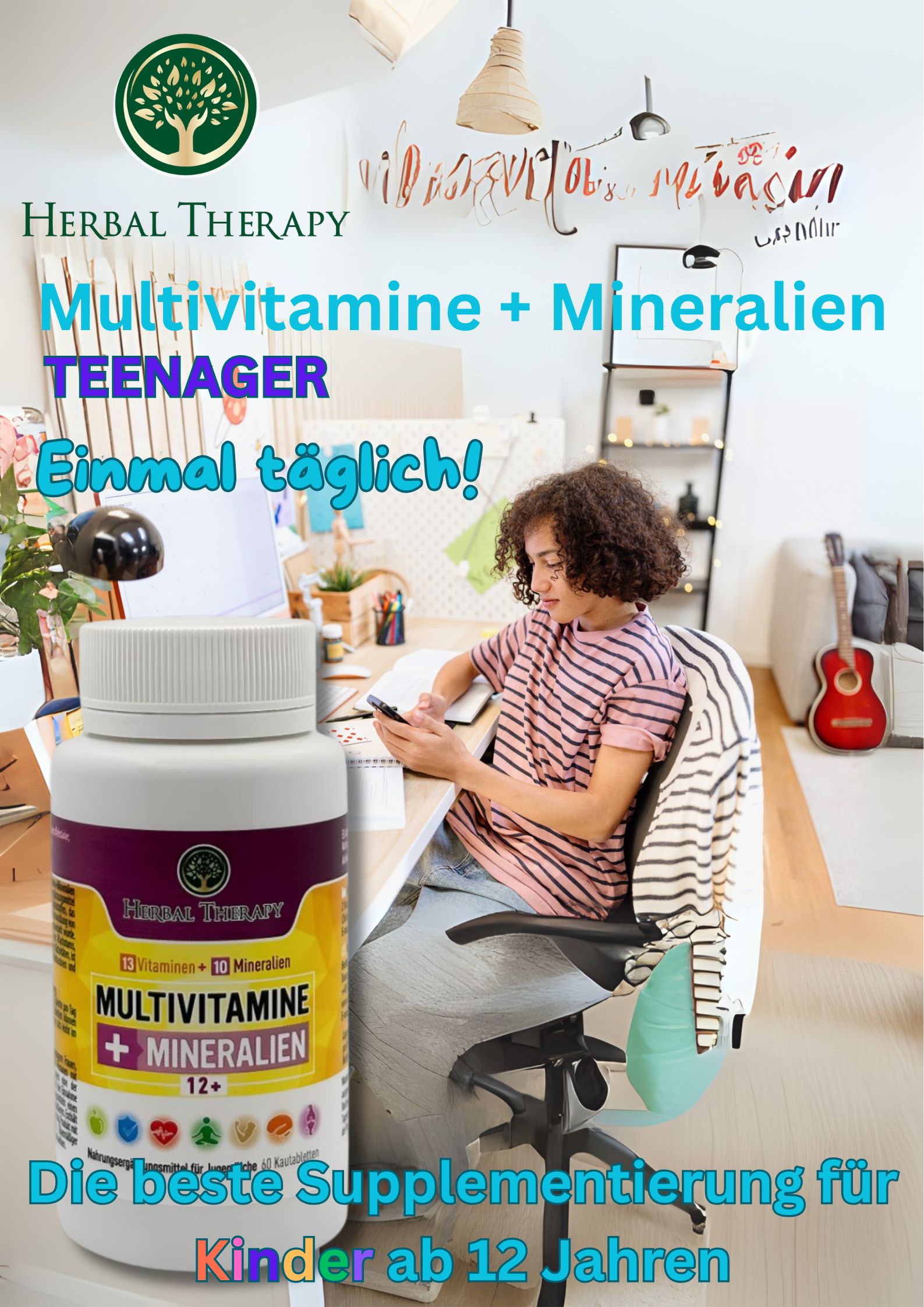 Adolescente seduto a una scrivania, flacone Herbal Therapy Multivitamine + Mineralien 12+ accanto. Testo: La migliore integrazione per bambini dai 12 anni in su.