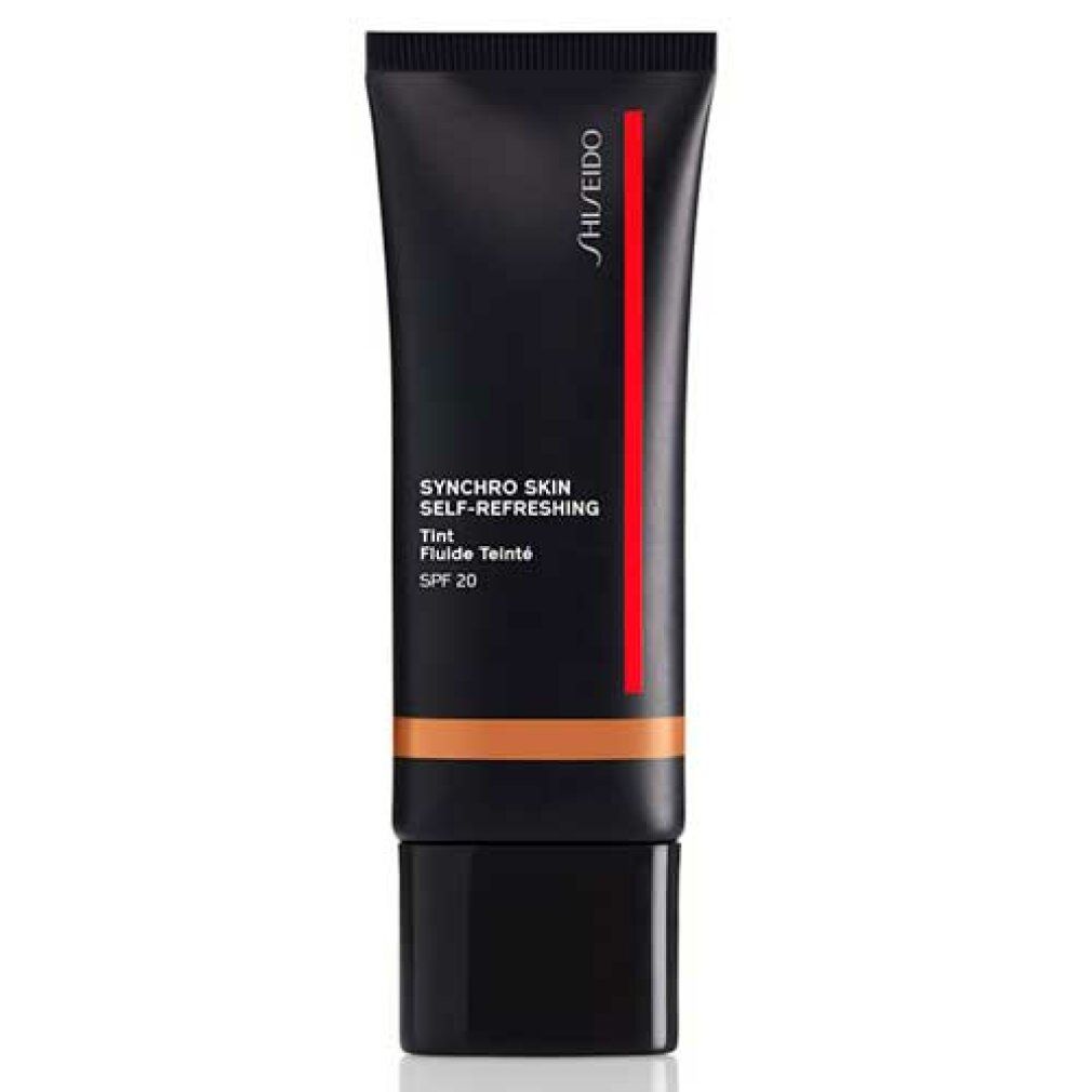 Tubo nero con scritta: Shiseido, Synchro Skin Self-Refreshing Tint, SPF 20. Tonalità marrone visibile.