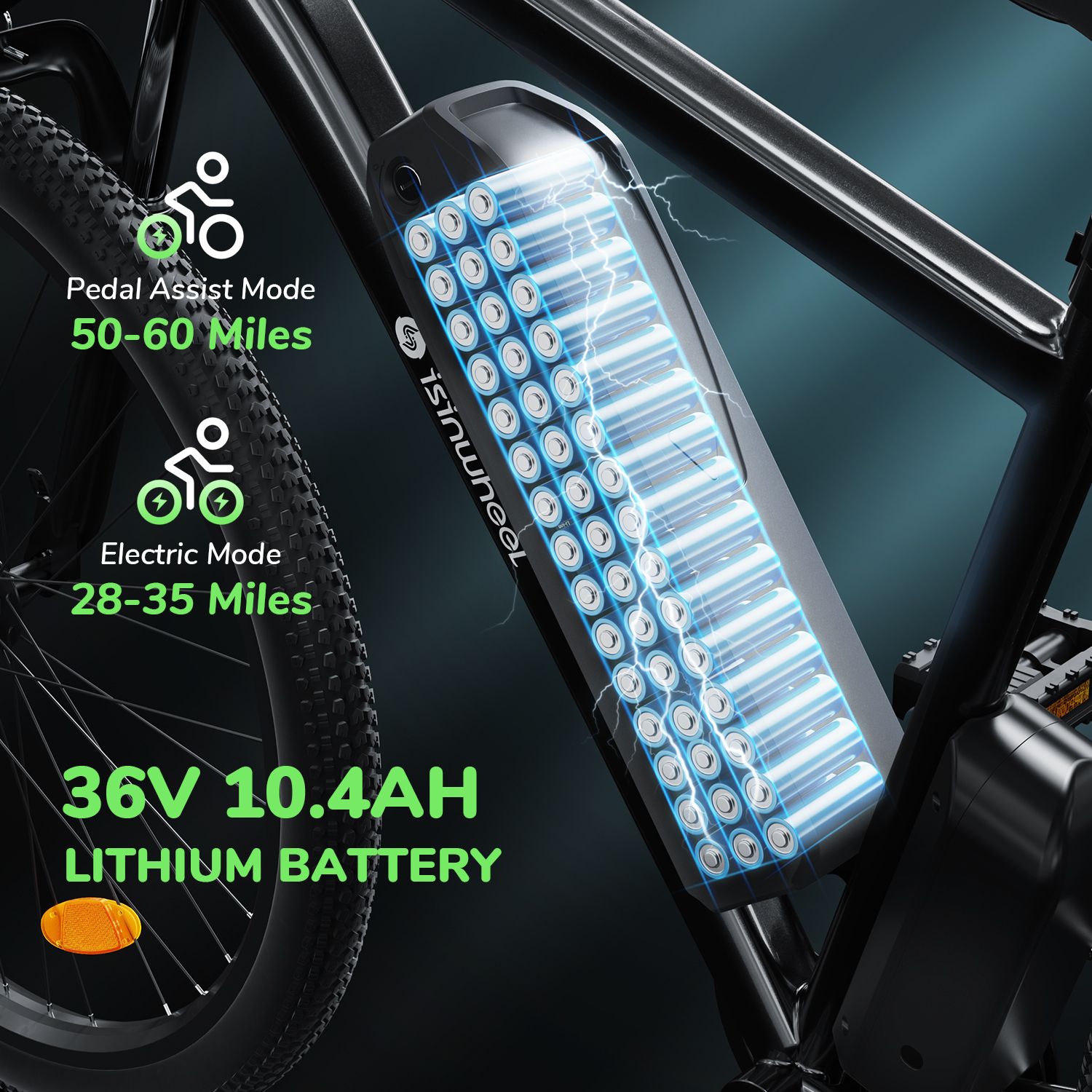 Batteria e-bike con batteria al litio da 36 V 10,4 Ah. Il testo mostra la modalità di assistenza alla pedalata 50-60 miglia e la modalità elettrica 28-35 miglia.