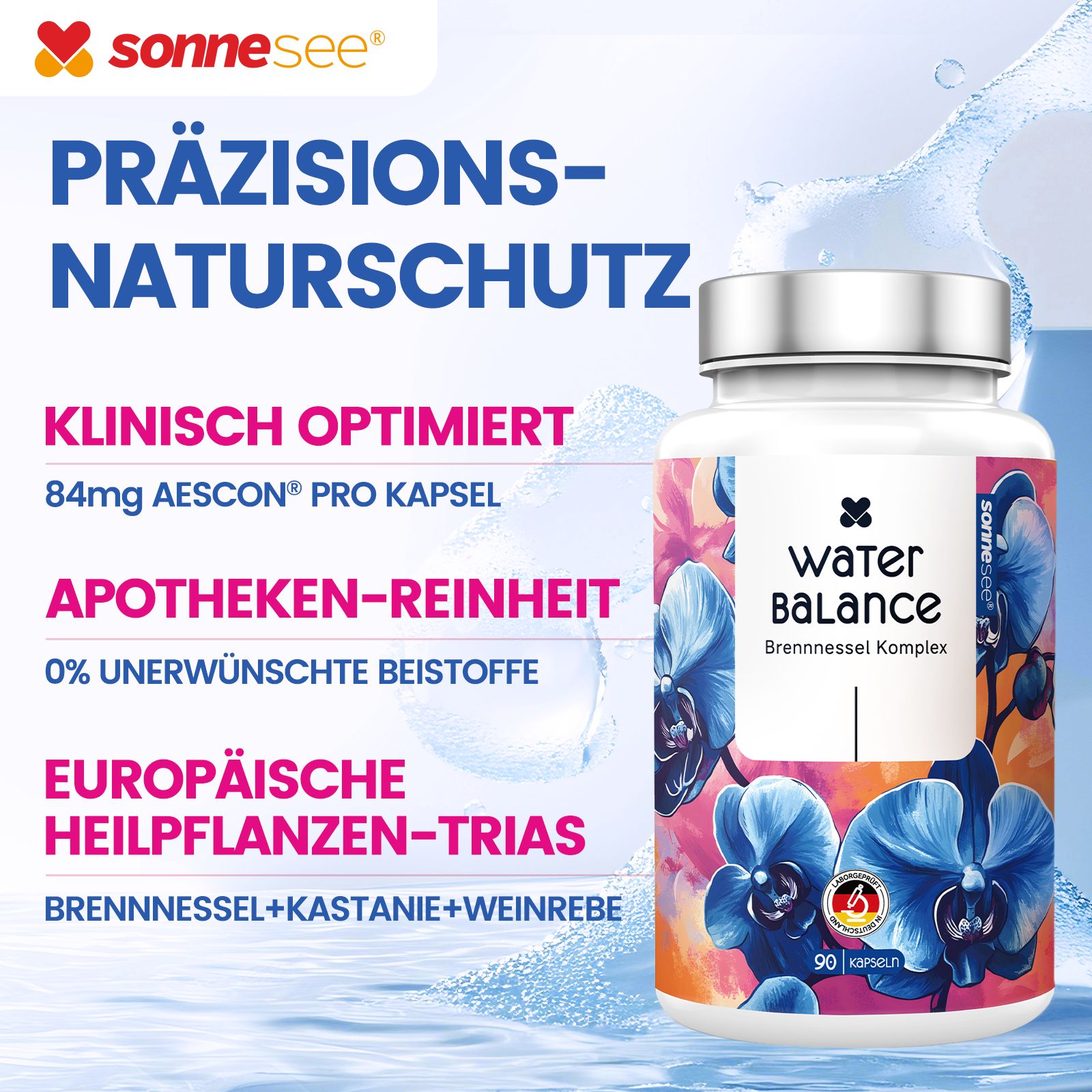 SonneSee Water Balance: Ottimizzato clinicamente, purezza farmaceutica, triade di erbe medicinali europee: ortica, castagno, vite.