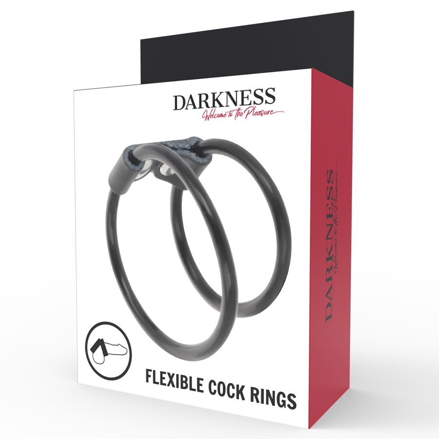 Confezione per due anelli per pene flessibili neri in silicone. La parte anteriore mostra un'immagine del prodotto e la scritta.
