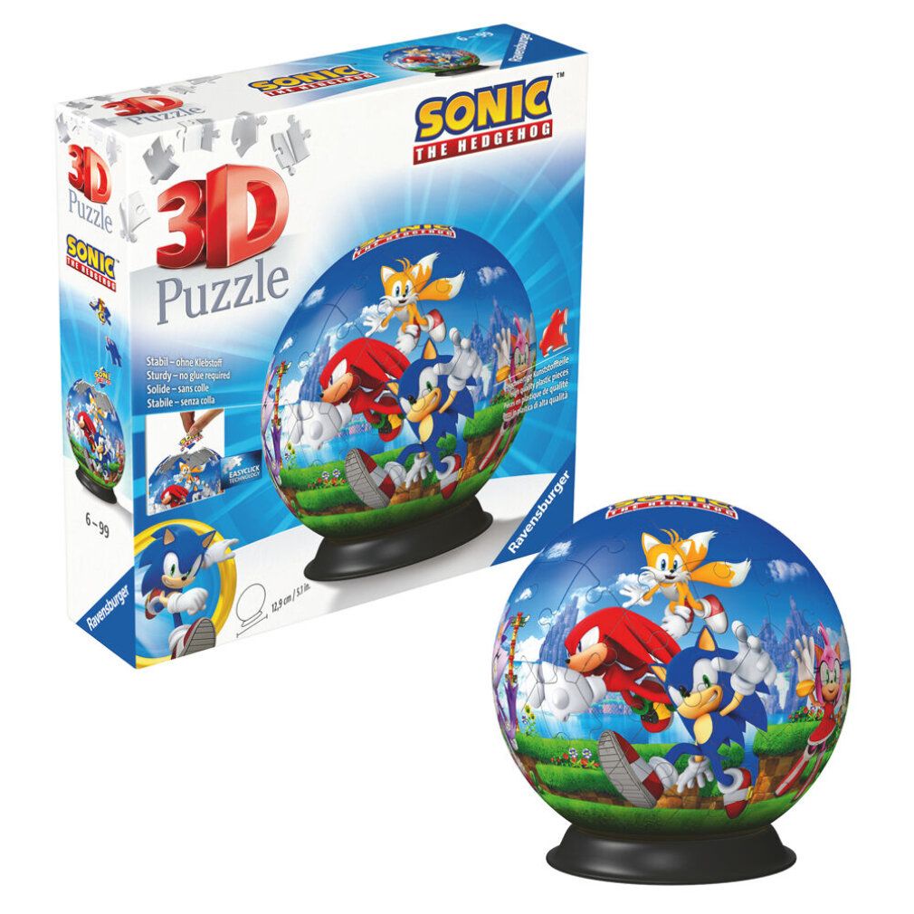 Confezione puzzle 3D e puzzle finito. Mostra i personaggi di Sonic. Con 72 pezzi.