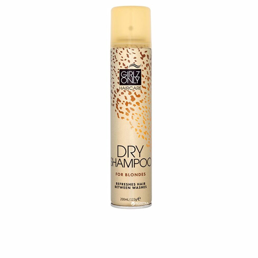 Shampoo secco per bionde. Flacone beige con motivi dorati e tappo giallo. Scritta: Girlz Only Haircare, Dry Shampoo.