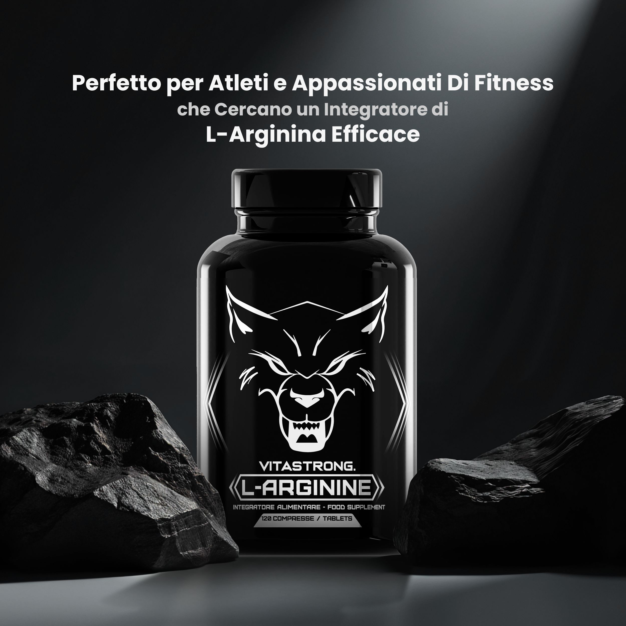 Flacone nero Vitastrong L-Arginina. Testo: Perfetto per atleti e appassionati di fitness.