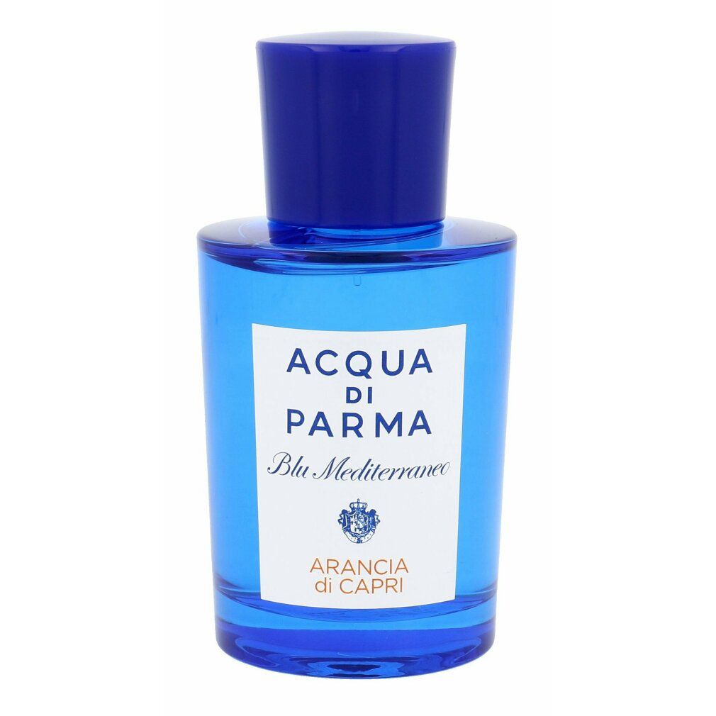 Flacone di profumo blu. Scritta: Acqua di Parma Blu Mediterraneo Arancia di Capri Eau de Toilette.