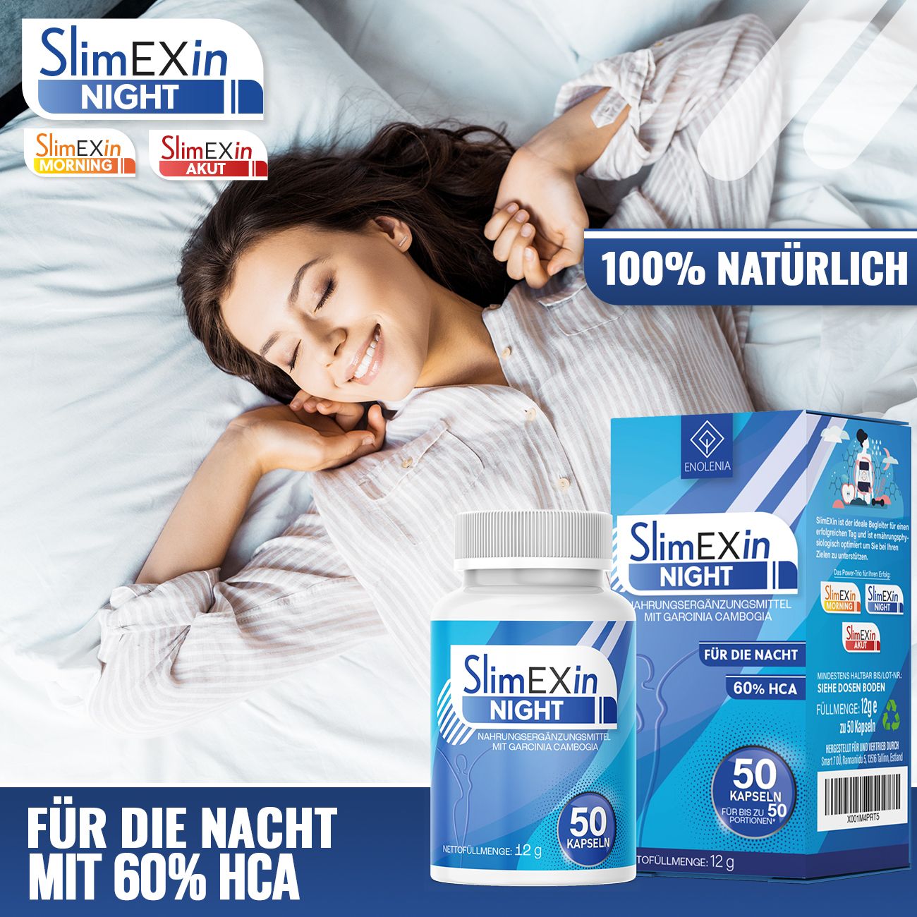 Donna a letto, flacone e confezione SlimEXin NIGHT. Scritta: Per la notte con 60% HCA, 50 capsule. 100% naturale.