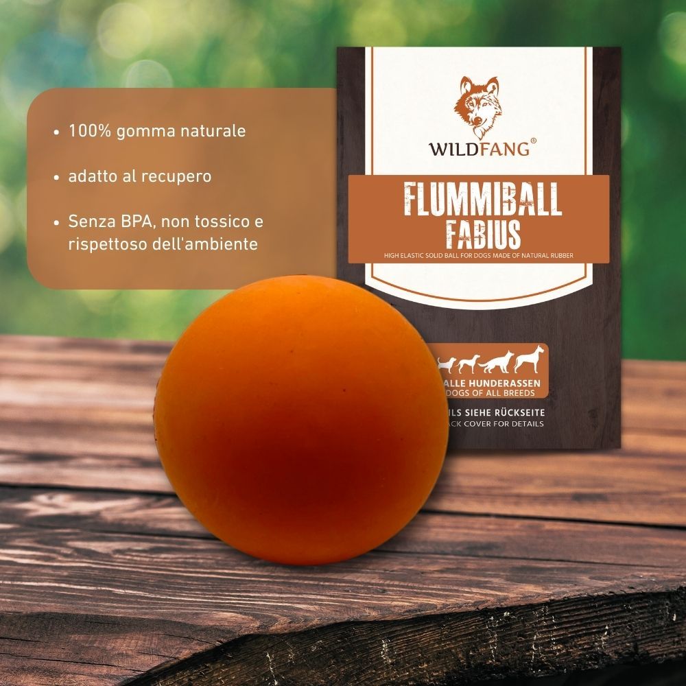 Palla arancione e confezione del prodotto su legno. Confezione con logo Wildfang e testo: Flummiball Fabius, 100% gomma naturale.