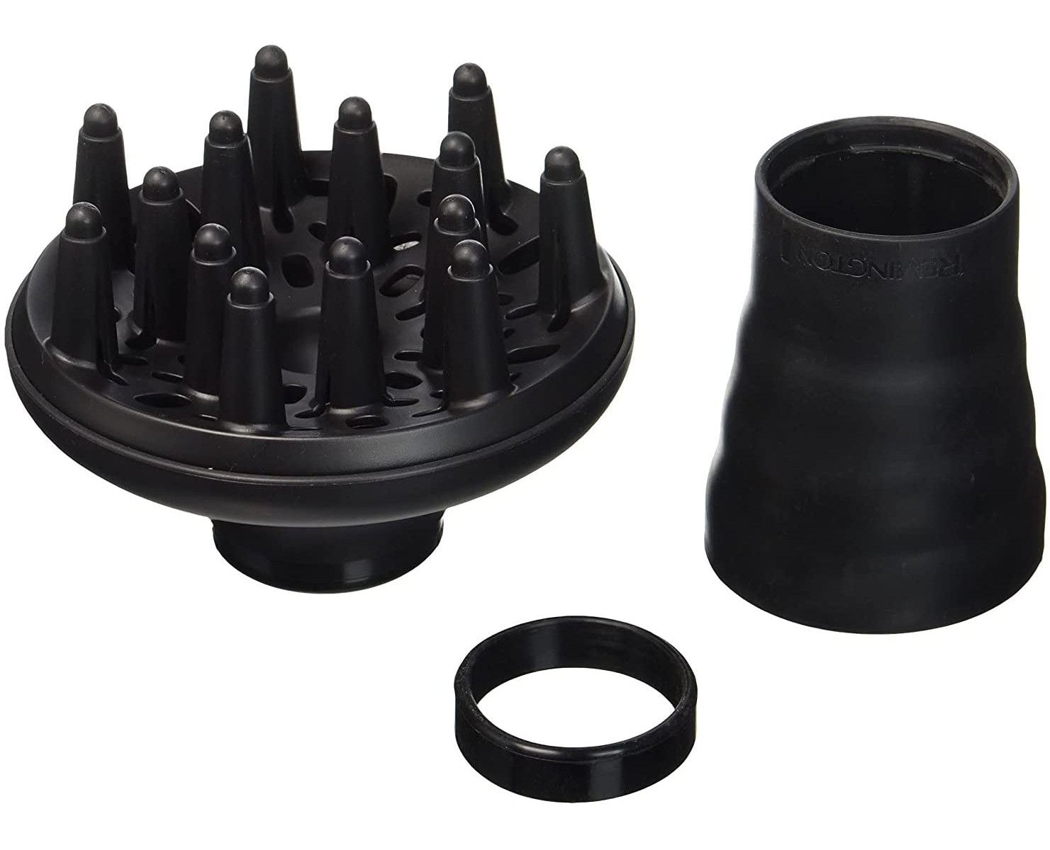 Diffusore nero con denti, anello e attacco separati. Il diffusore ha molti piccoli denti conici.