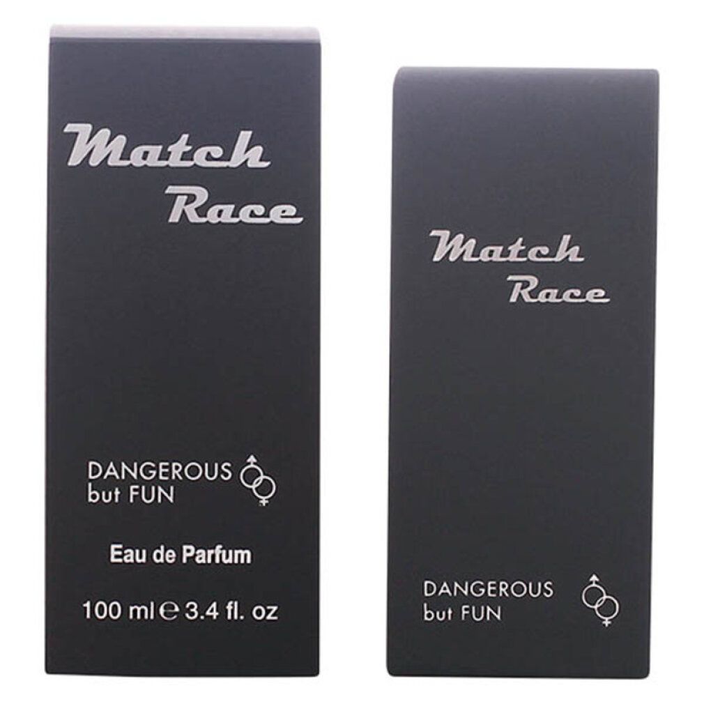 Due confezioni nere di profumo. Scritta "Match Race", "Dangerous but FUN", "Eau de Parfum", 100 ml.