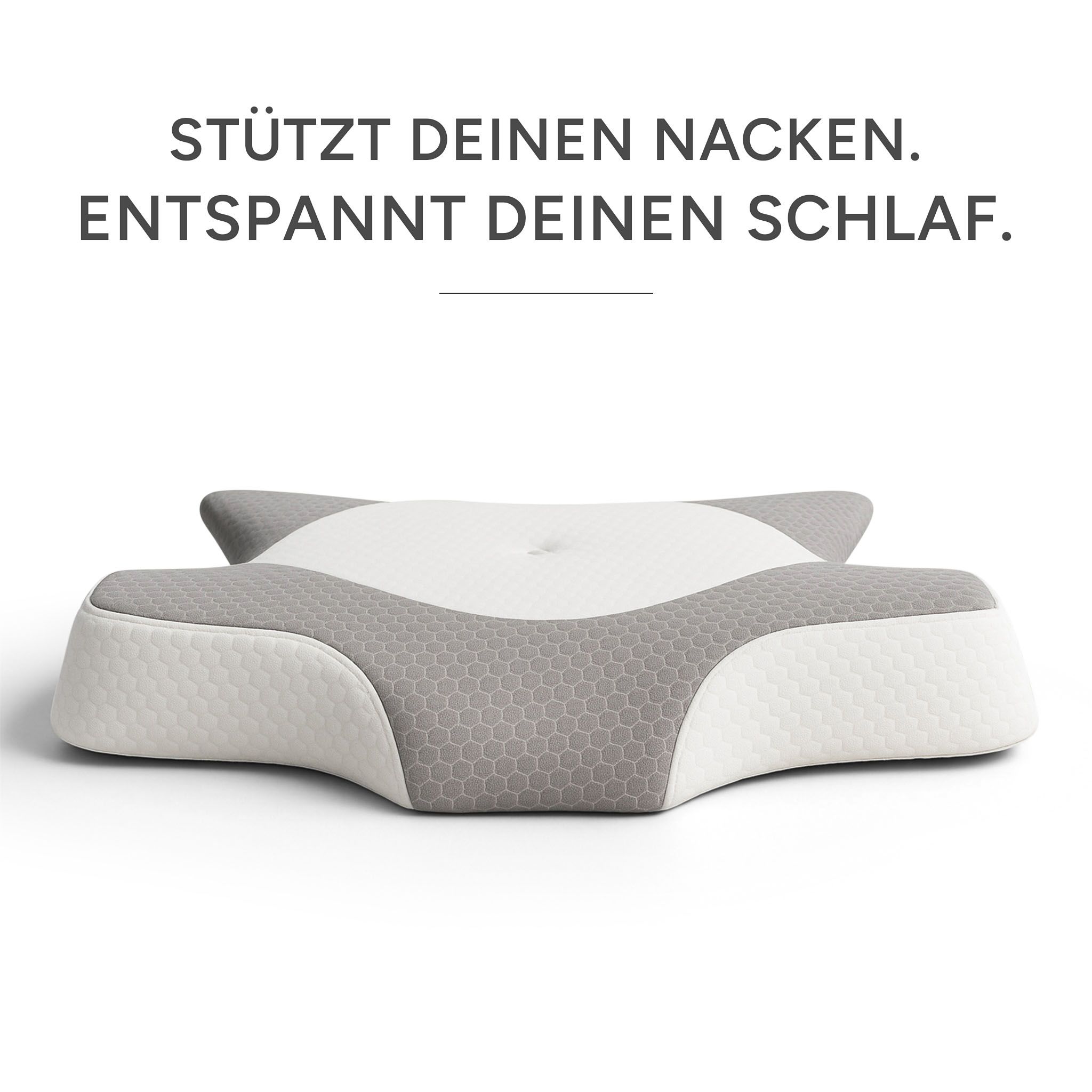 Cuscino ortopedico grigio-bianco. Testo: 'Sostiene il collo. Rilassa il sonno.'