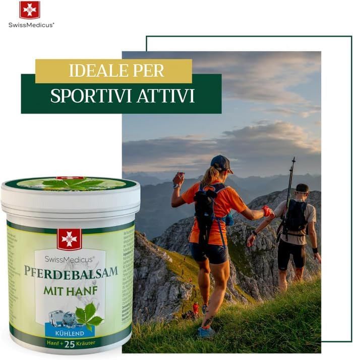 Persone che fanno escursioni. Accanto: SwissMedicus Pferdebalsam mit Hanf. Testo: Ideale per sportivi attivi.