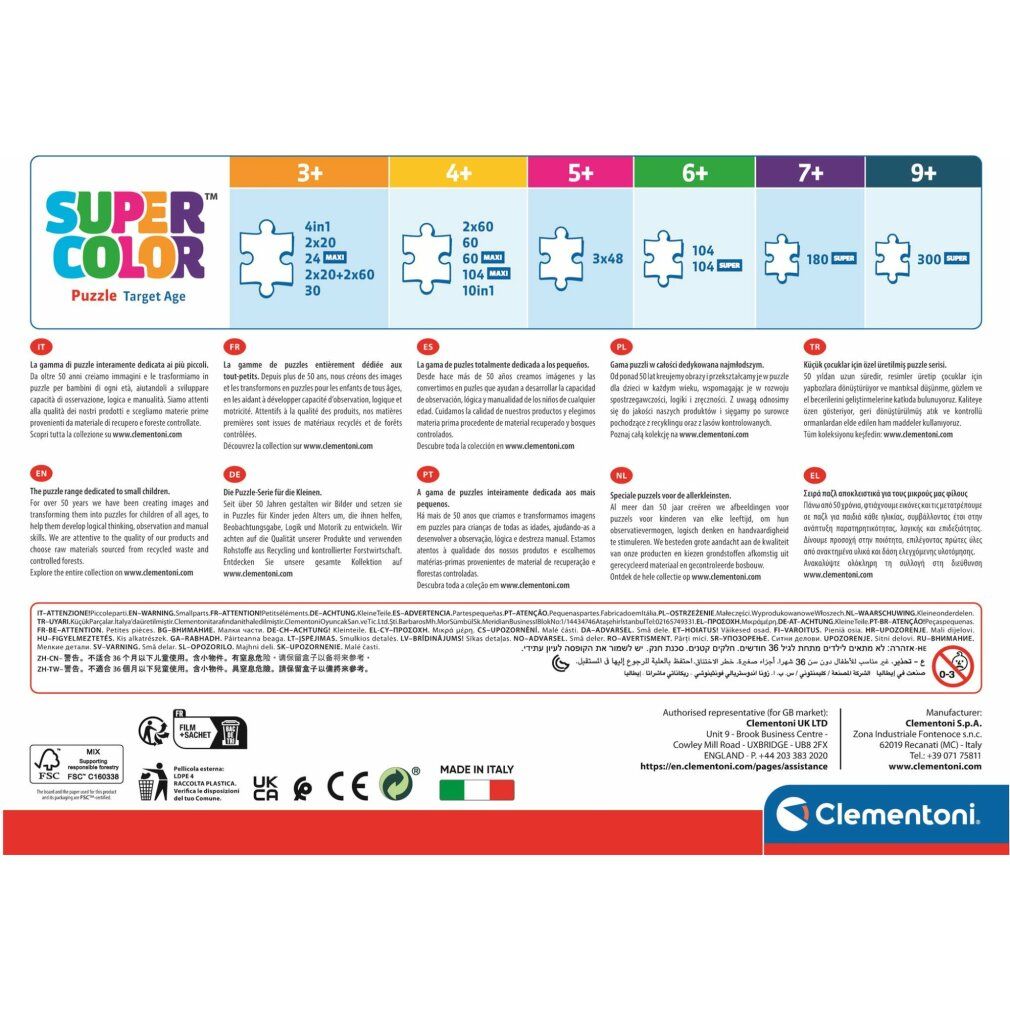 Retro della scatola del puzzle. Informazioni sui pezzi del puzzle, consigli sull'età, informazioni sul produttore e certificazioni.