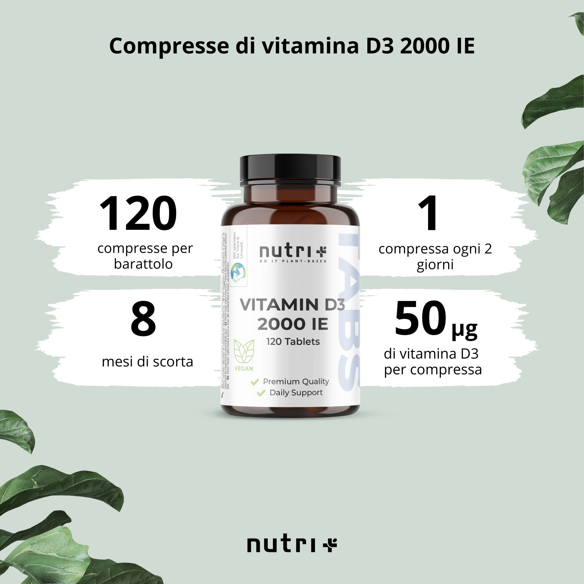 Grafica con flacone Vitamina D3 2000 UI, 120 compresse. 120 compresse per dose, 8 mesi, 1 compressa ogni 2 giorni, 50µg.