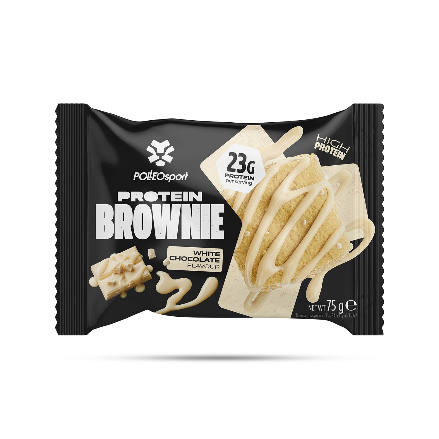 Confezione nera di Protein Brownie. Scritta: PolleoSport, Protein Brownie, 23g proteine, White Chocolate Flavour. 75g.
