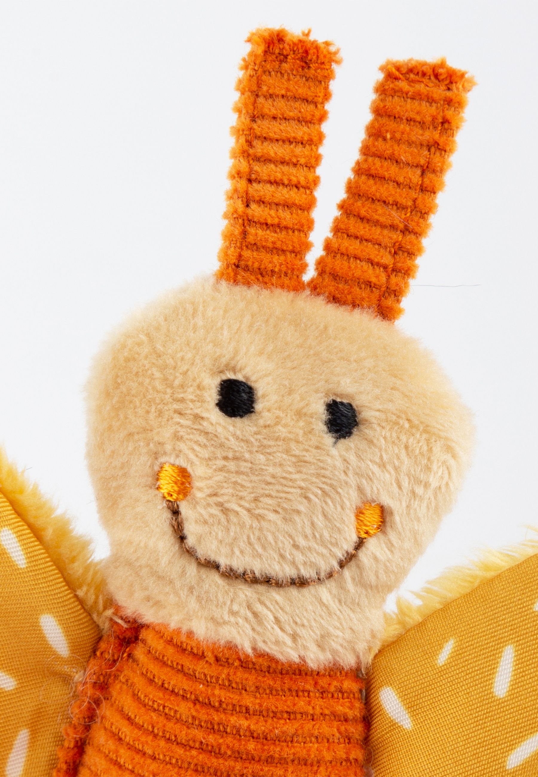 Primo piano della testa di una farfalla di stoffa. Testa beige, antenne arancioni. Occhi neri, bocca sorridente. Ali gialle.