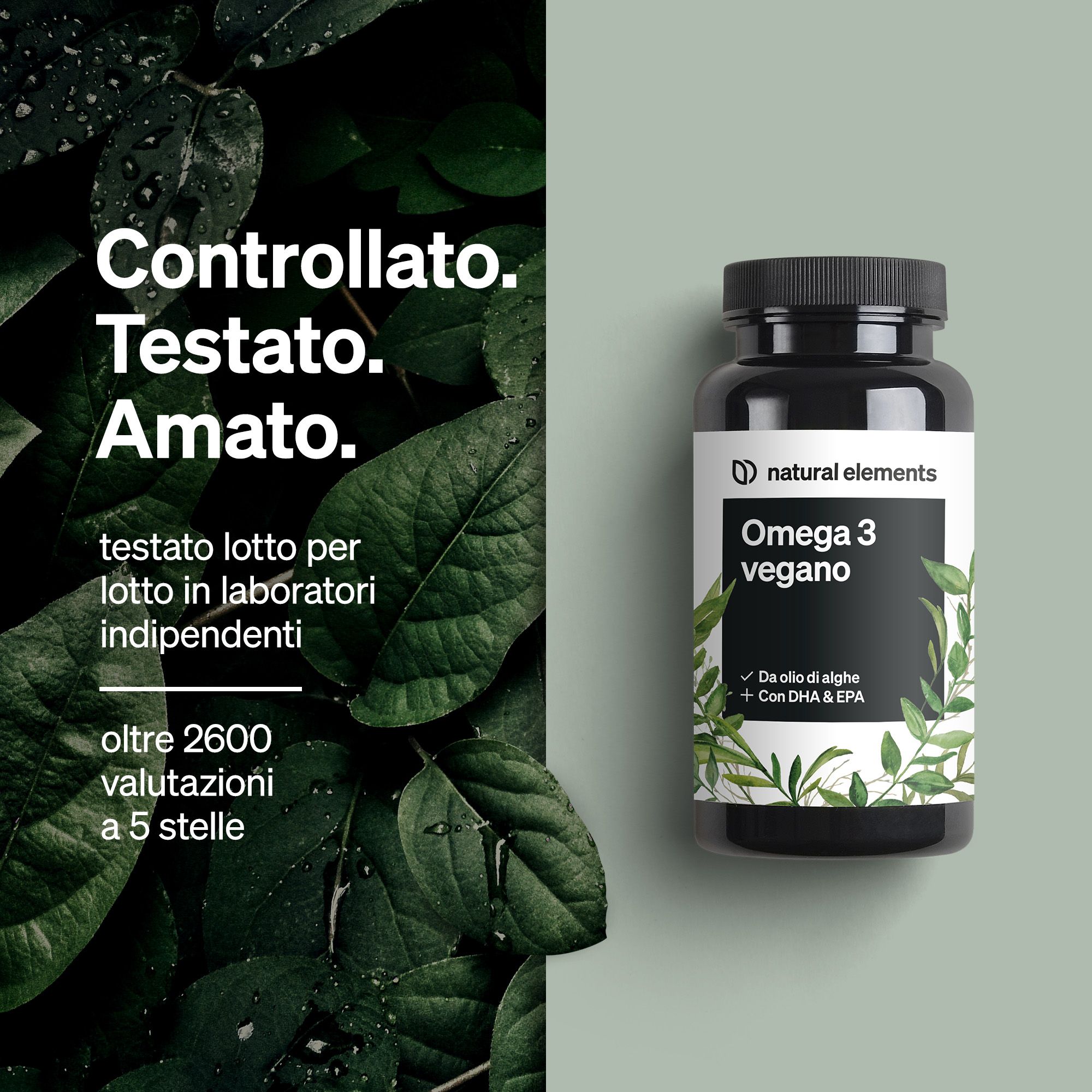 Bottiglia di Omega 3 vegano di Natural Elements con decorazione a foglie.