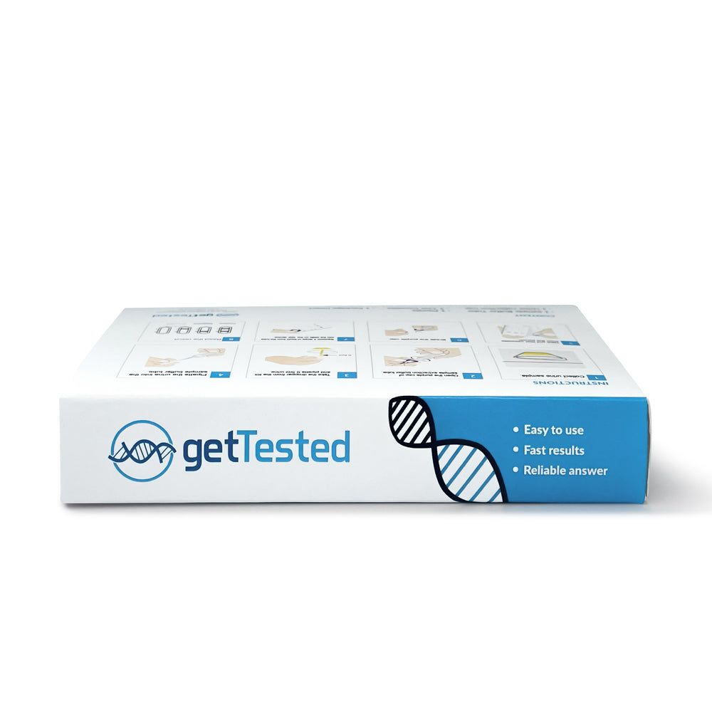 Scatola GetTested 3 in 1 STI Test. Parte superiore con logo e simbolo DNA. Testo: Easy to use, Fast results, Reliable answer.