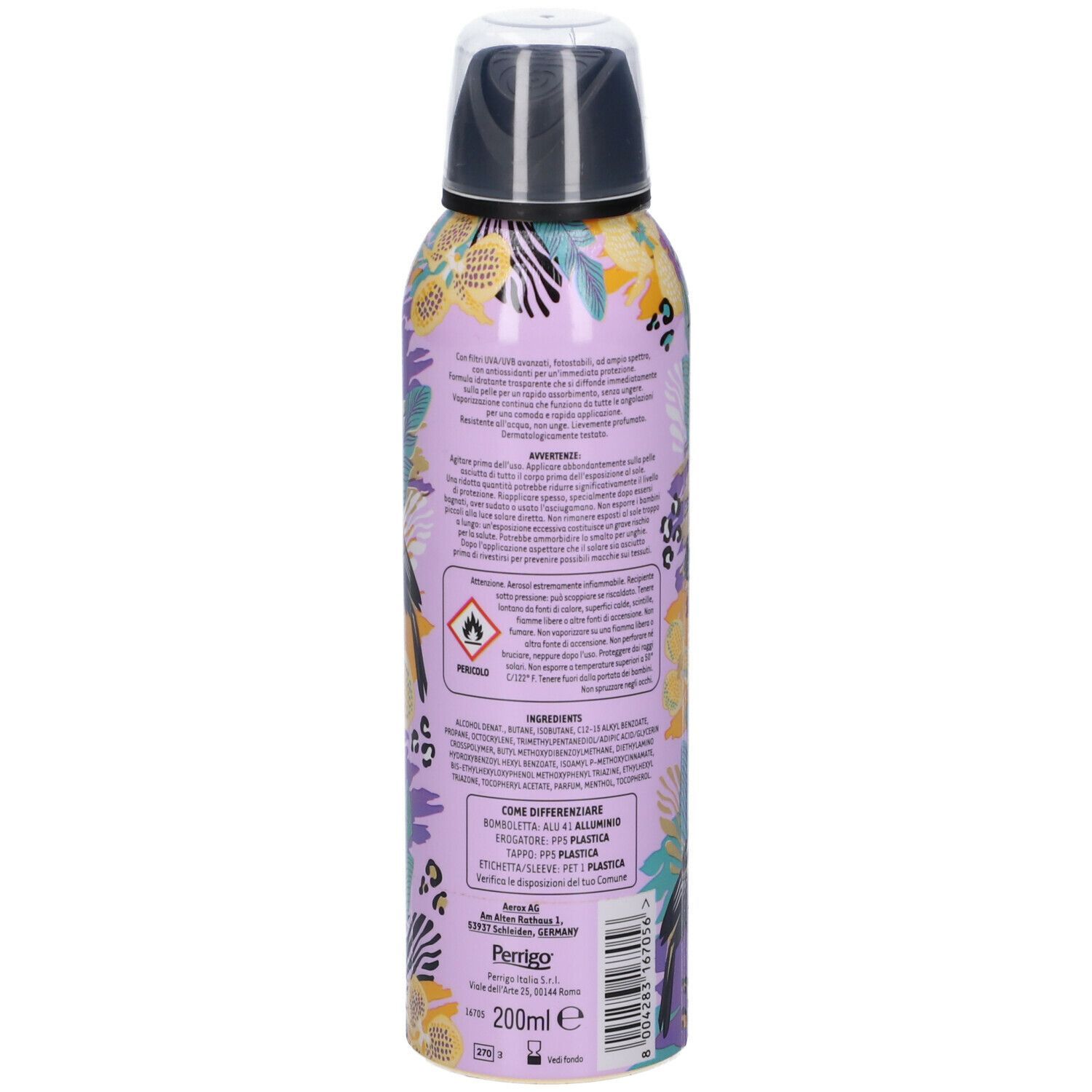 Retro spray Angstrom Protect, flacone lilla. Testo: ingredienti, avvertenze, informazioni produttore. Volume: 200ml.