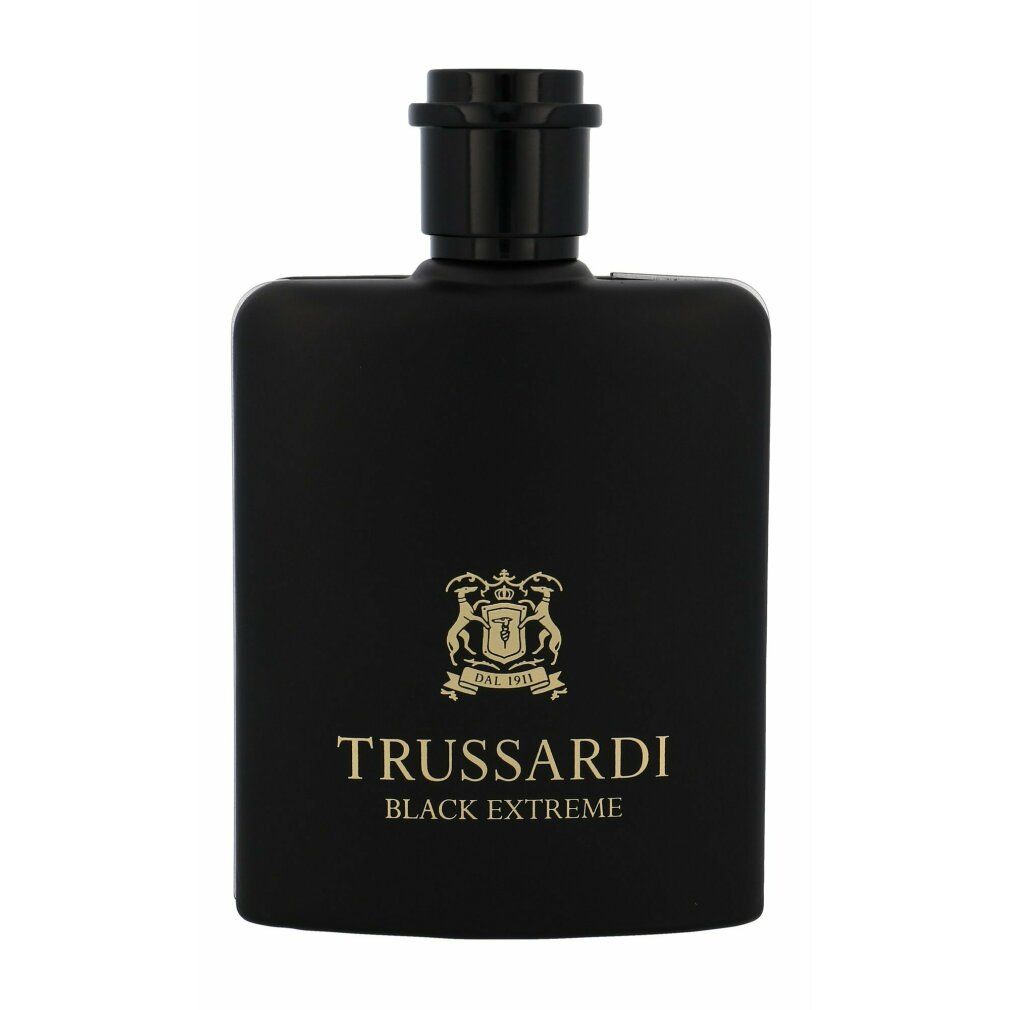 Flacone nero Trussardi Black Extreme. Scritta e logo dorati. Tappo nero.