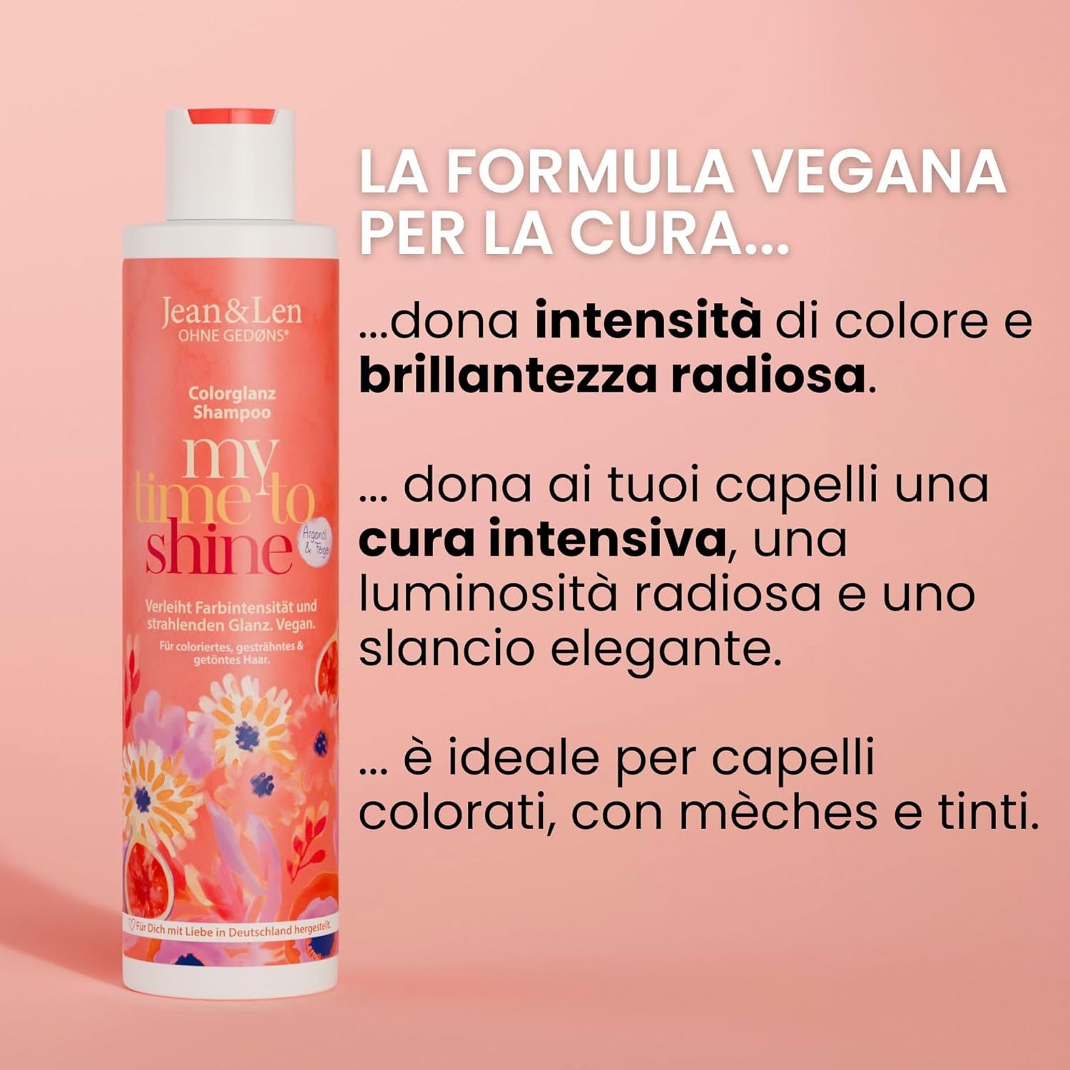 Sfondo rosa con testo sulla formula di cura vegana. Flacone di shampoo con scritta: Jean & Len, Color Gloss Shampoo.