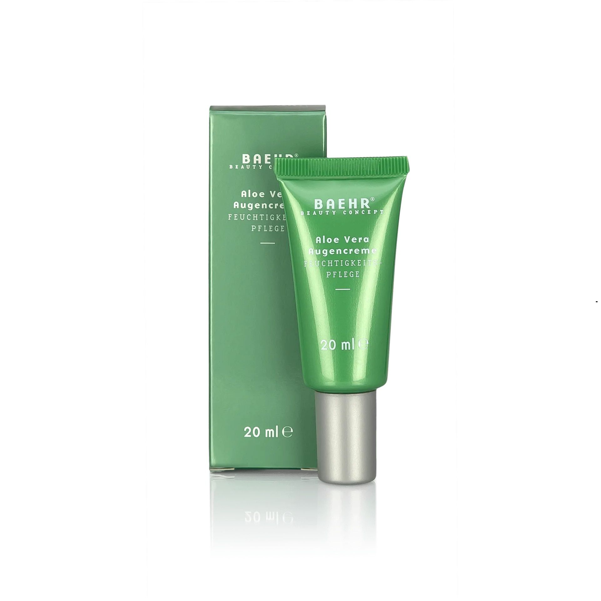 Crema contorno occhi Baehr Beauty Concept Aloe Vera in tubo verde con tappo argentato, accanto alla sua scatola pieghevole verde.