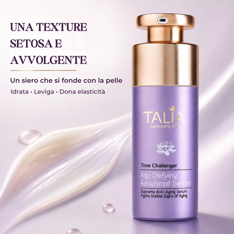 Flacone viola con pompa dorata, etichettato 'Talia Heaven's Dew Time Challenger Age Defying Advanced Serum'.