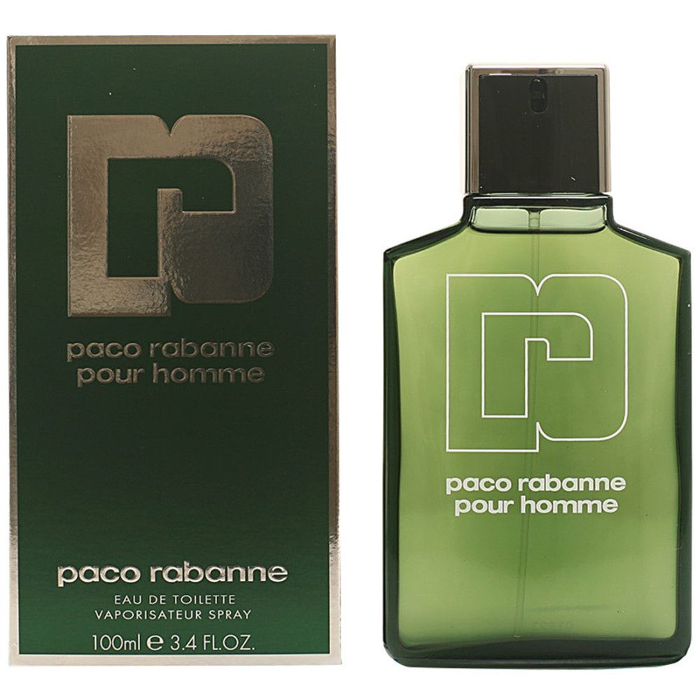 Flacone e scatola verdi con logo e testo bianchi. Sul flacone è scritto "paco rabanne pour homme".