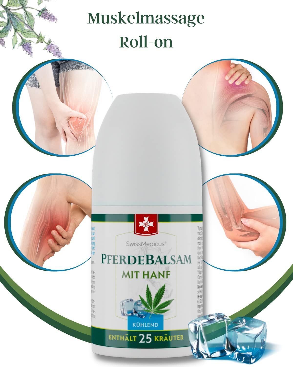 Roll-on con testo: SwissMedicus, Pferdebalsam mit Hanf, rinfrescante, contiene 25 erbe. Grafici delle zone doloranti e cubetti di ghiaccio.