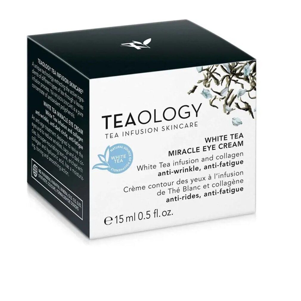 Scatola con informazioni sul prodotto. Scritta: TEAOLOGY, White Tea Miracle Eye Cream. Contiene 15 ml.