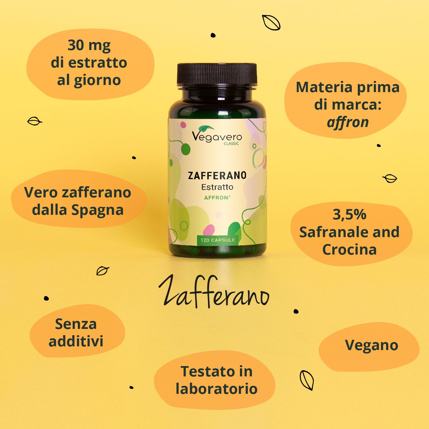 Flacone verde con tappo nero, Zafferano Estratto, 120 capsule. Informazioni aggiuntive: 3,5% Safranale & Crocina, Vegan.