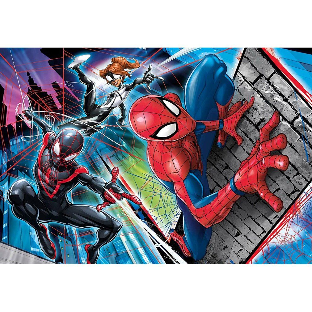 Puzzle Spiderman da 180 pezzi. Immagine di Spiderman e altri personaggi. Marchio Clementoni. Pezzi del puzzle.
