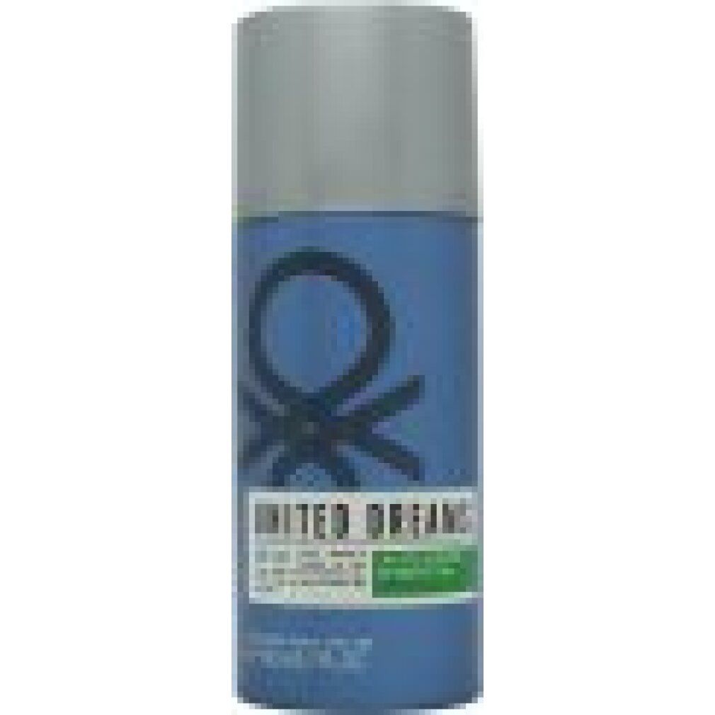 Spray deodorante blu con tappo argentato. Scritta: United Dreams, United Colors of Benetton. Logo.