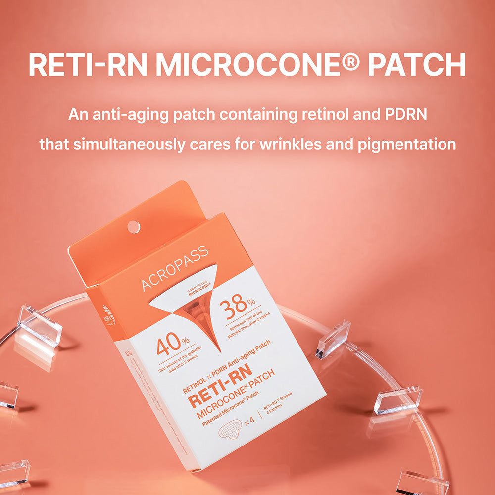 Confezione aperta di ACROPASS Reti-Rn Mikrokegel-Pflaster T-Shape. Scritte: ACROPASS, RETI-RN, Microcone Patch, 40%, 38%. Sfondo rosa.