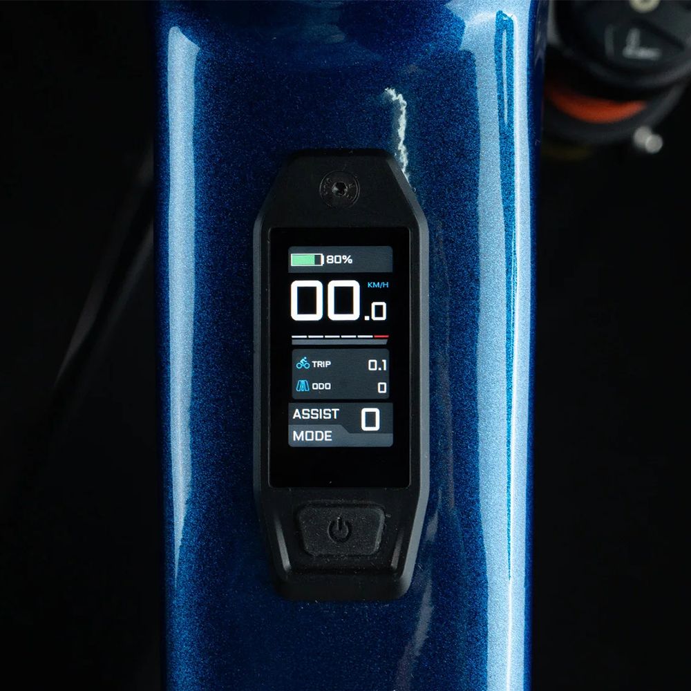 Primo piano del display di una e-bike. Mostra velocità, livello batteria e modalità assistenza.