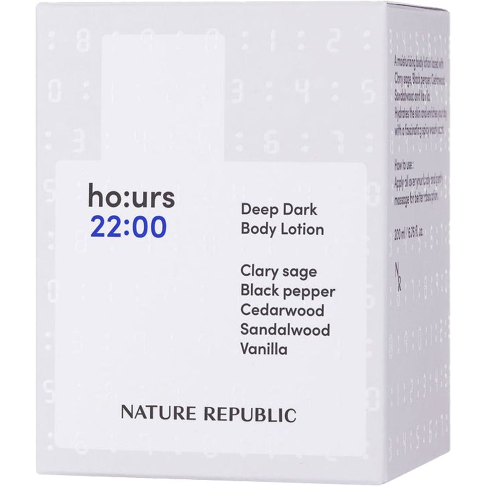 Confezione bianca con scritta: ho:urs 22:00, Deep Dark Body Lotion, NATURE REPUBLIC. Elenco ingredienti.