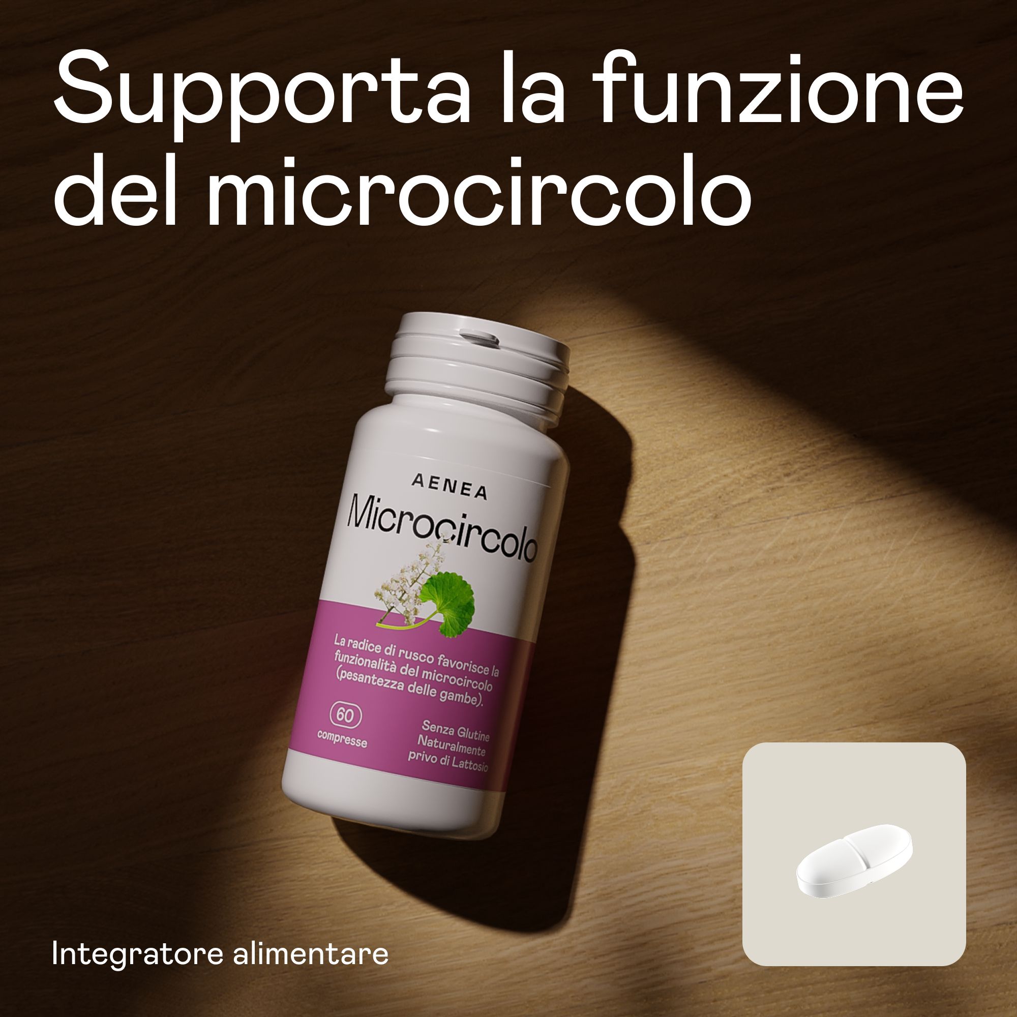 Flacone di compresse Aenea Microcircolo e compressa. Testo: Supporta la funzione del microcircolo. Integratore alimentare.