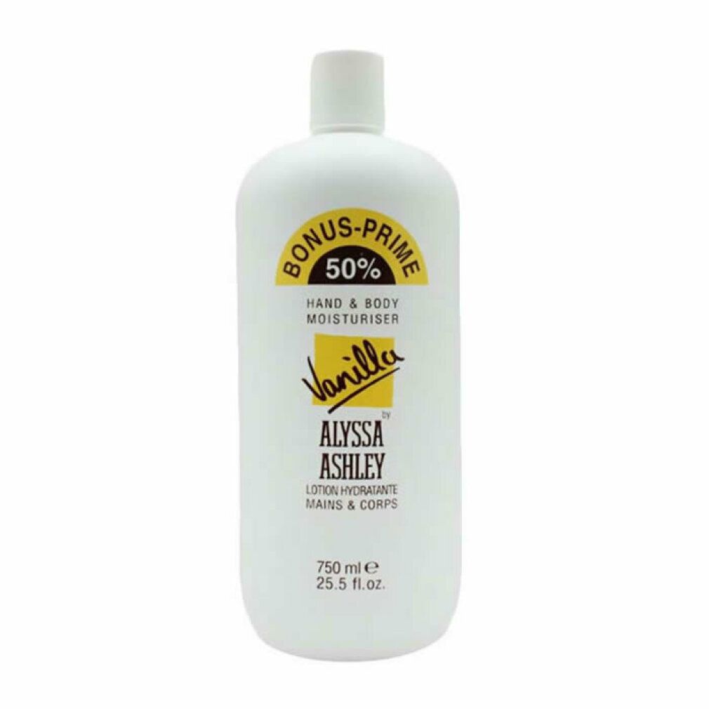 Flacone bianco con etichetta gialla. Scritta: BONUS-PRIME 50%, HAND & BODY MOISTURISER, Vanilla, ALYSSA ASHLEY. 750 ml.