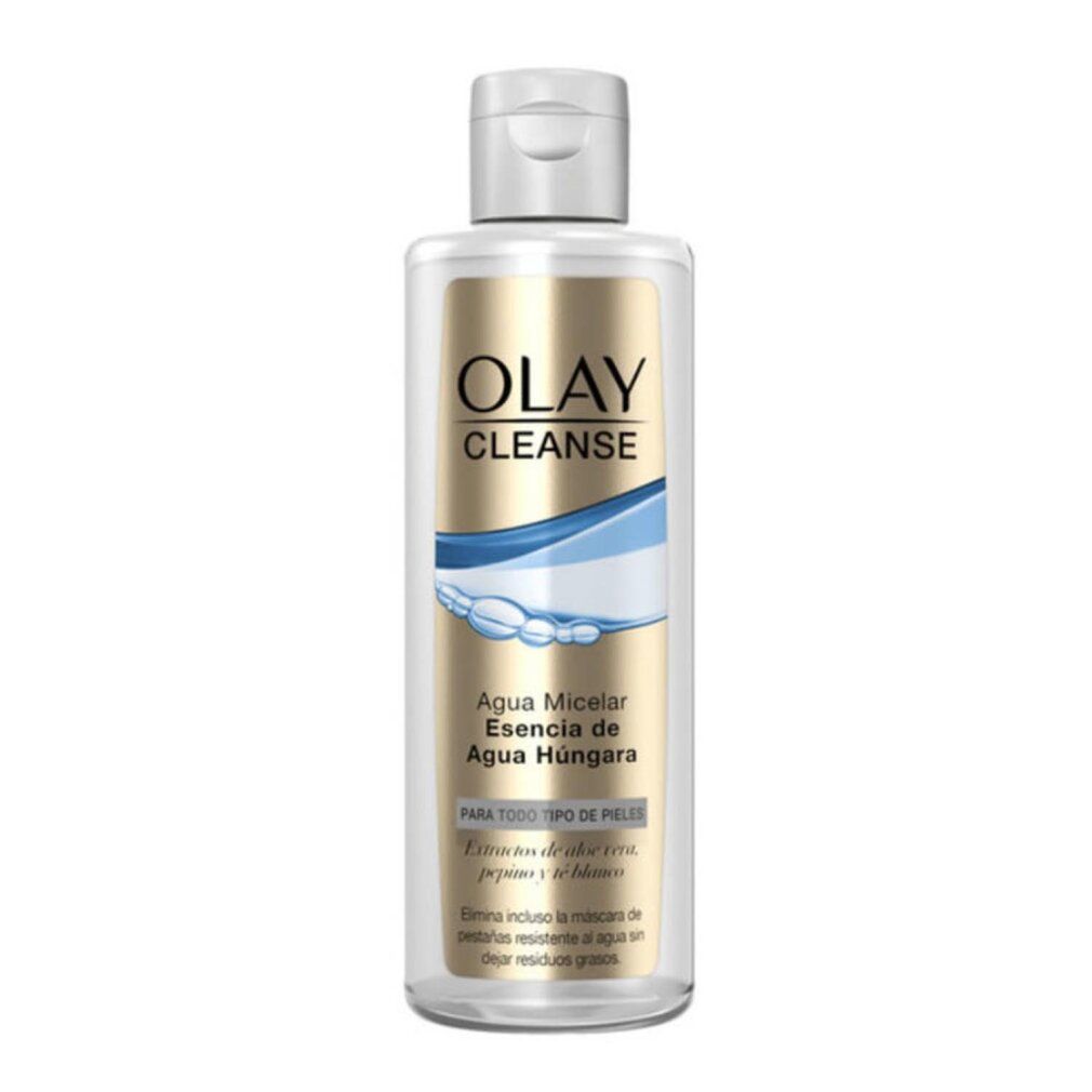 Flacone trasparente con tappo bianco. Etichetta con "Olay Cleanse" e testo in spagnolo.