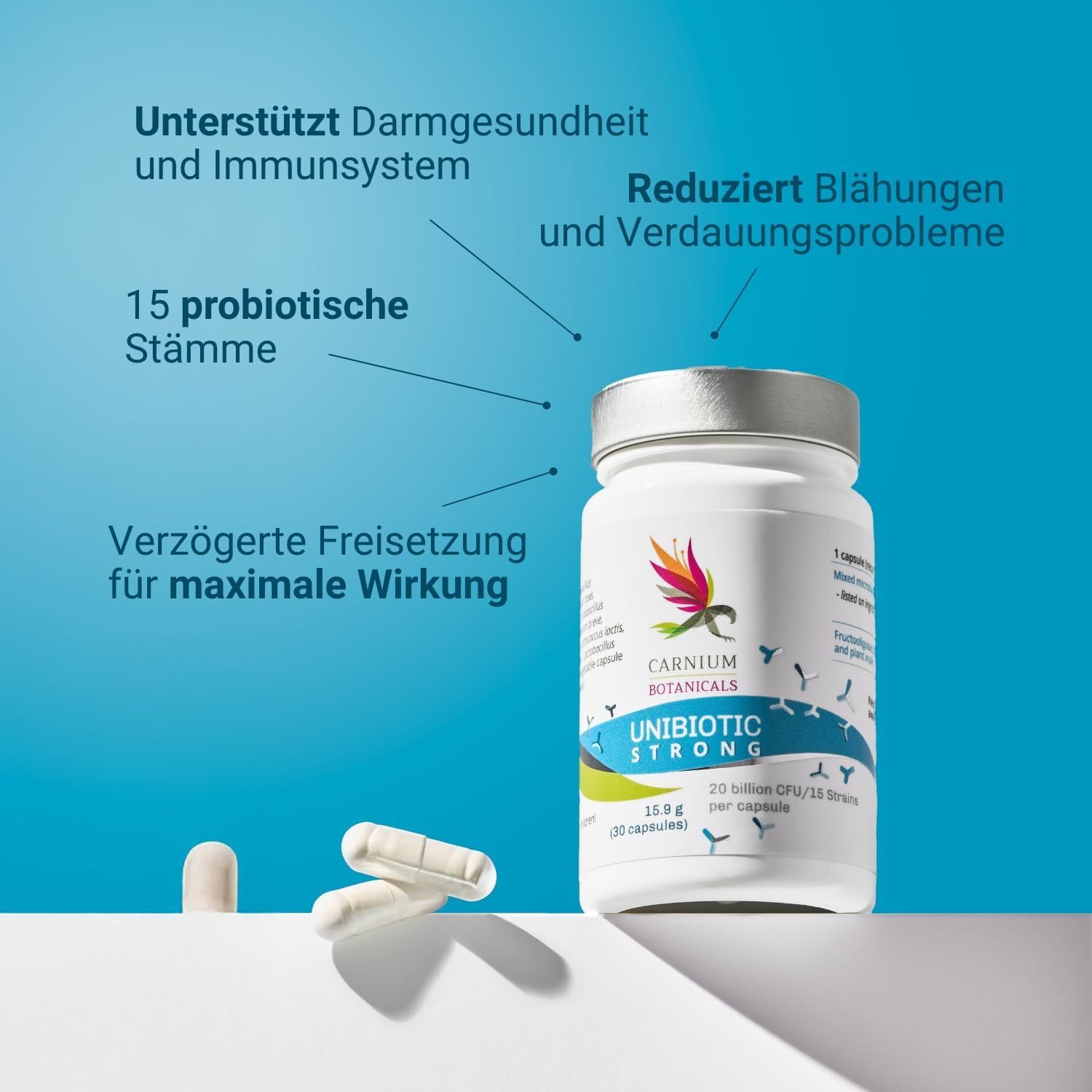 Capsule bianche vicino al flacone. Scritta: Unibiotic STRONG, 20 miliardi di CFU/15 ceppi. Marchio: CARNIUM BOTANICALS. Testo sui benefici.